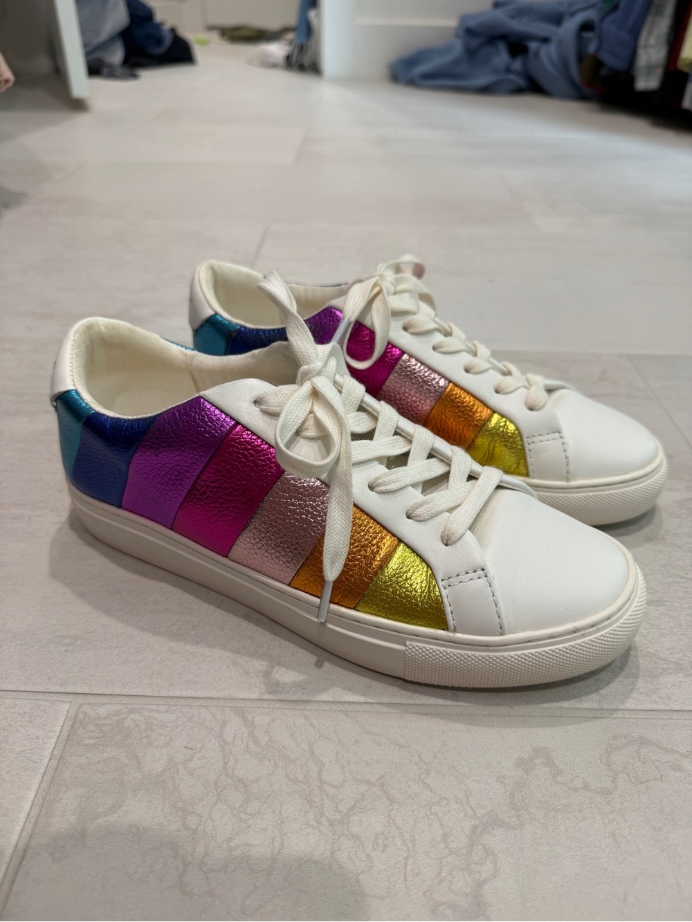 Kurt Geiger Lane Metallic Rainbow Stripe Lace Up Sneakers